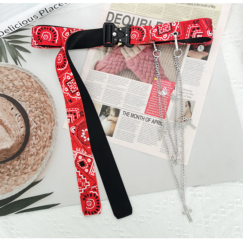 Hip-Hop kaiš s motivom kešu cvijeta i lančića za hlače, dvostruki sloj, platno, kopča od legure, gradski stil