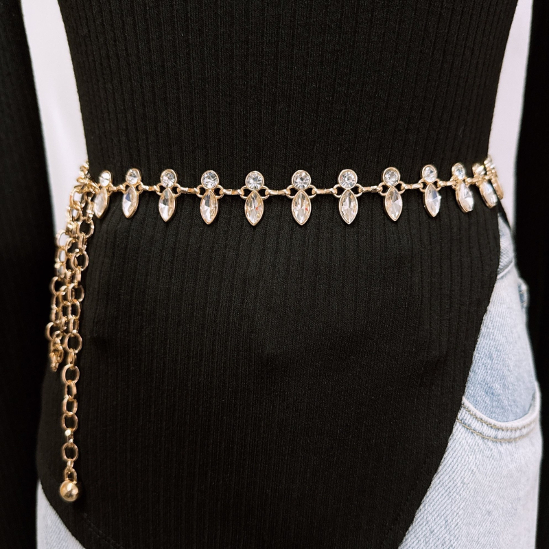 Lanac za struk s kristalima - metalni lanac, etnički stil, duljina 120 cm, proljeće 2024