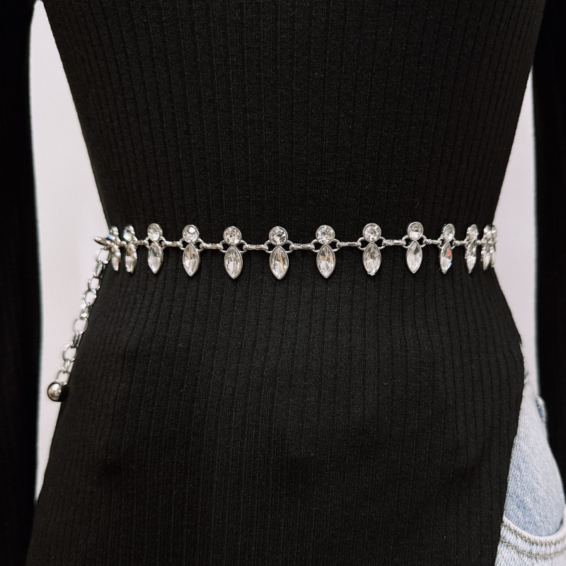 Lanac za struk s kristalima - metalni lanac, etnički stil, duljina 120 cm, proljeće 2024