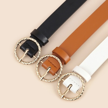 Ženski pojas – široka okrugla metalna kopča, minimalistički korejski casual stil, pogodna za haljine i hlače. Materijal: PU koža; Kopča: legura; Zakopčavanje: igla kopča; Širina: 2–4 cm; Završna obrada: elektroplatiranje.