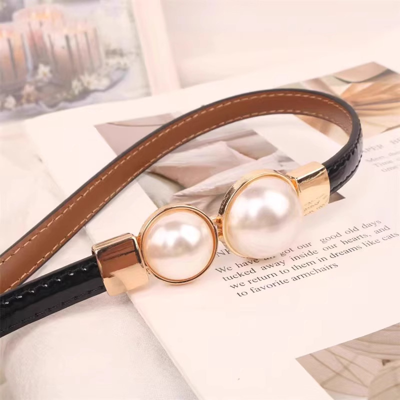 Saint-wang Pearl Thin Belt za žene — magnetsko zatvaranje, plastična kopča, širina 2–4 cm, poslovni stil dodatak