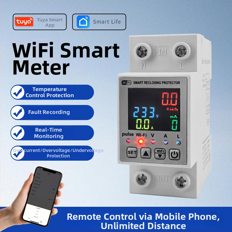 WiFi inteligentný merací systém s vypínačom proti únikom, 110–220 V, 63 A, ochrana nadprúdu a podprúdu