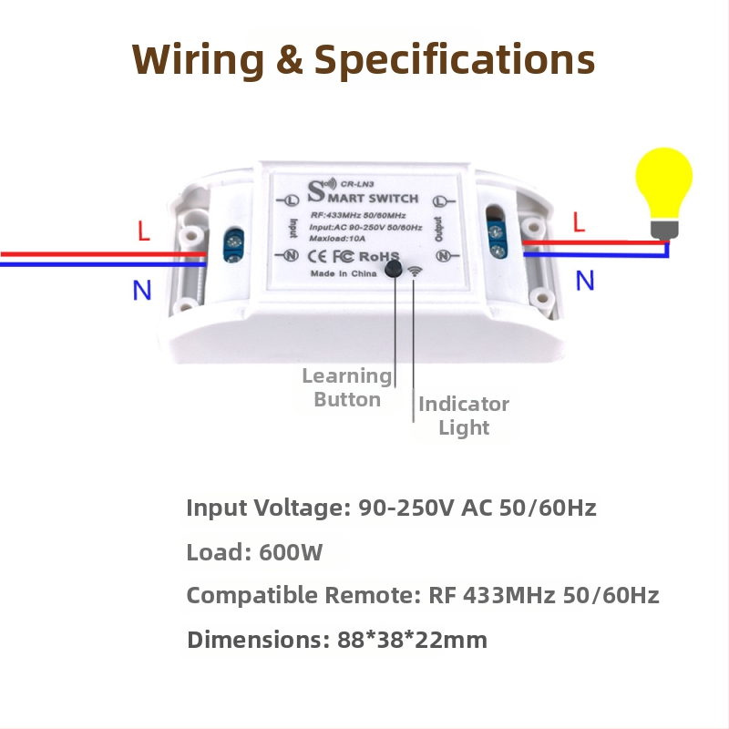 Bezdrôtový diaľkový vypínač osvetlenia, 433 MHz RF, 220V, samolepiaci (433 MHz RF, 220V, bezdrôtový, samolepiaci)
