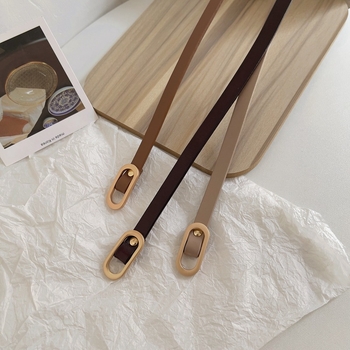 Curea din piele naturală, din piele de vițel în două straturi, curea subțire cu nod, cataramă ovală din aliaj, închidere lină, lățime sub 2 cm