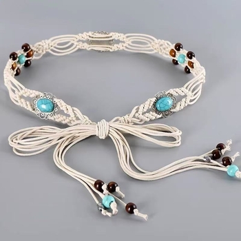 Pojasni lanac s ručno pletenom čipkom i čvorovima, etnički stil, plastični materijal, duljina 135 cm