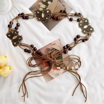Pojasni lanac s ručno pletenom čipkom i čvorovima, etnički stil, plastični materijal, duljina 135 cm