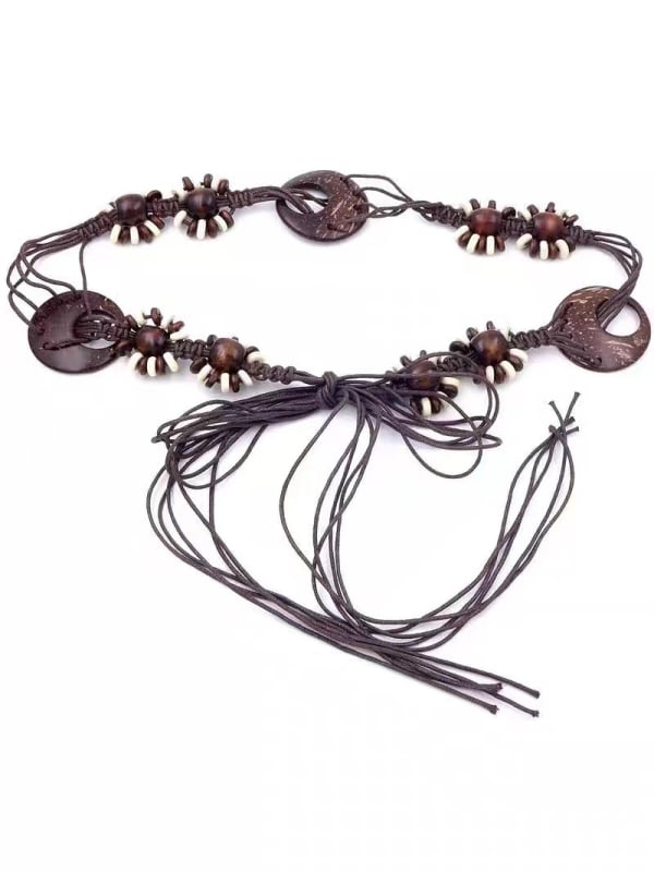 Pojasni lanac s ručno pletenom čipkom i čvorovima, etnički stil, plastični materijal, duljina 135 cm