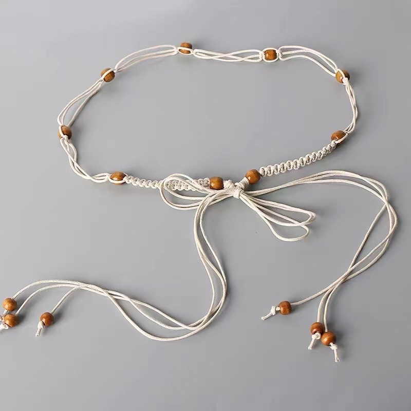 Pojasni lanac s ručno pletenom čipkom i čvorovima, etnički stil, plastični materijal, duljina 135 cm