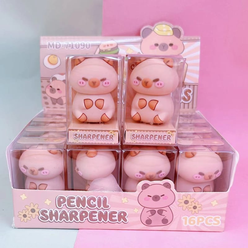 Oštrilo za olovke s dizajnom kapibare u karikaturi stilu, model 71090, tijelo od silikona, ručni pogon, pakiranje PVC kutija, 16 kom./kutija