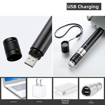 Laserové ukazovacie pero, USB nabíjanie, hliníkové telo, výstup 50 mW, prevádzkové napätie 3,7 V, vhodné do exteriéru