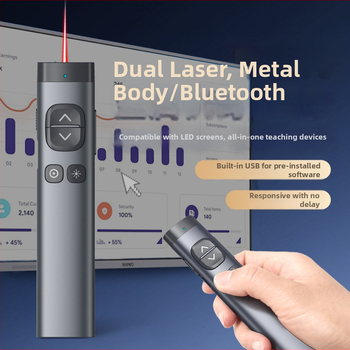 PPT lézeres prezentáló toll >200 m hatótávolság, hullámhosszak 640–660 nm és 495–545 nm, 300 mAh akkumulátor
