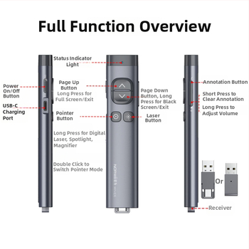 PPT lézeres prezentáló toll >200 m hatótávolság, hullámhosszak 640–660 nm és 495–545 nm, 300 mAh akkumulátor