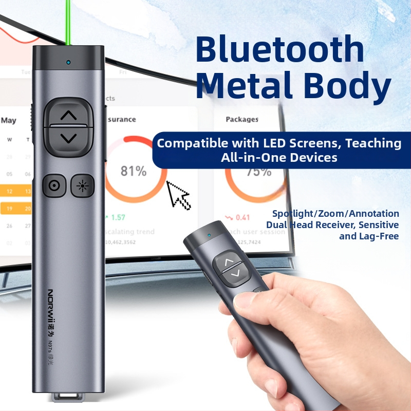 PPT lézeres prezentáló toll >200 m hatótávolság, hullámhosszak 640–660 nm és 495–545 nm, 300 mAh akkumulátor