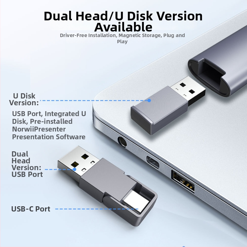PPT lézeres prezentáló toll >200 m hatótávolság, hullámhosszak 640–660 nm és 495–545 nm, 300 mAh akkumulátor