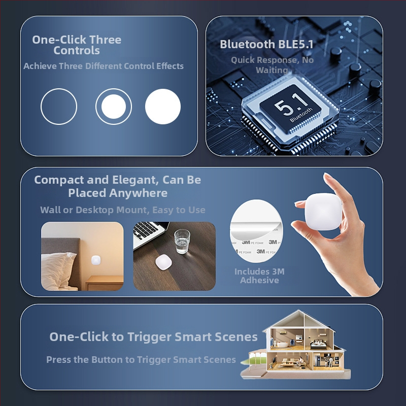 Bežični gumb za prekidač, Bluetooth 5.1 BLE, bez kablova, unutarnja uporaba, CE certifikat