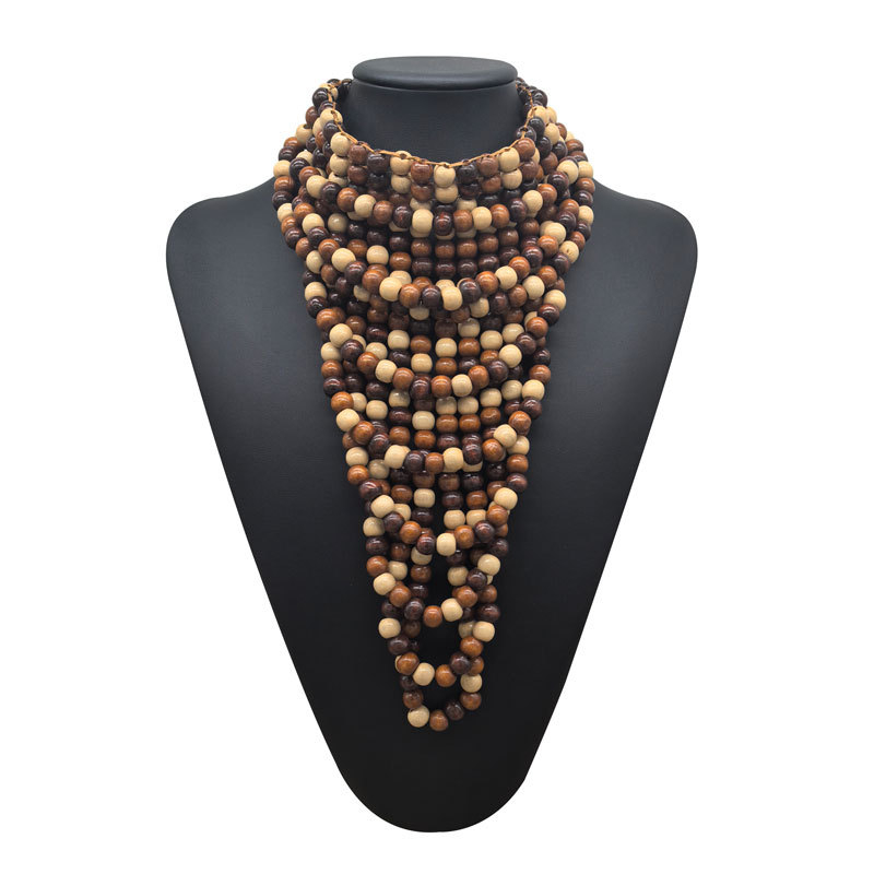 Ručna drvena ogrlica od perli, U-oblik, višeslojna, lanac s kuglicama
