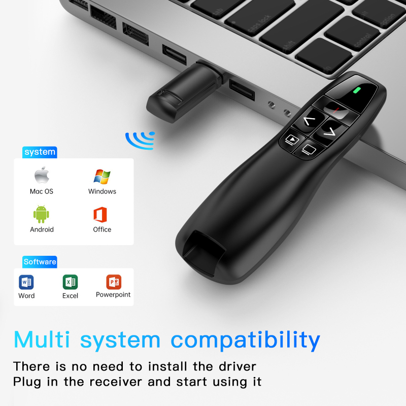 Bežično PPT pero za prebacivanje stranica s projekcijom i laserom, 2.4G, Plug-and-Play, ABS kućište