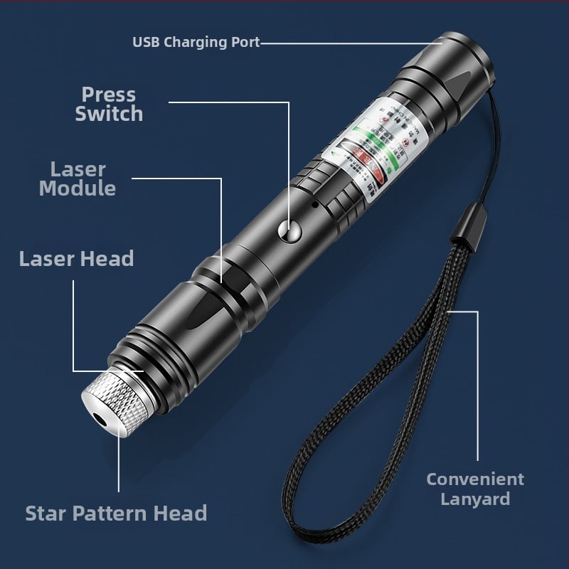 Que chuang dobíjateľný laserový ukazovateľ s dosahom 1 km, vlnová dĺžka 523 nm a lítiovou batériou.