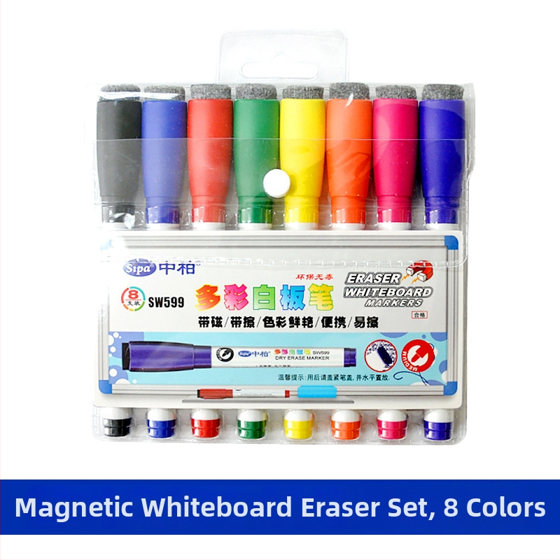 SW599 Marker na bielu tabuľu s gumou, 8 farebná sada, plastové telo, šírka línie 1,5-2,0 mm, Sipa/Zhongbai