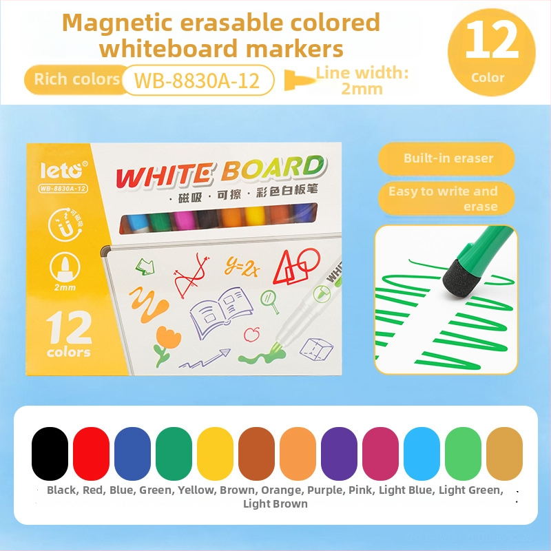 Magnetický set markerov na bielu tabuľu, s štetcom, na báze vody, vymazateľný, šírka čiary 2.0 mm