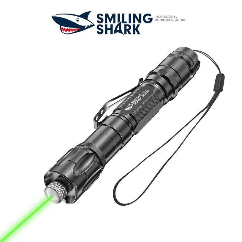 Smiling Shark Zeleni laserski baterijski flashlight – aluminijsko kućište, 2200 mAh punjiva baterija, LED svjetlo, zelena laserska dioda, domet ispod 50 m