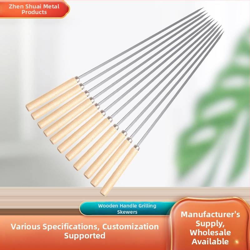 Grilovacie špízy – ploché z nehrdzavejúcej ocele, drevená rukoväť, opakovane použiteľné, značka Zhenshuai