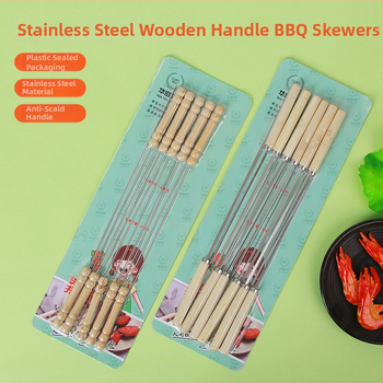 Nerezové špízy na gril s drevenou rukoväťou pre jahňací kebab, opakovane použiteľné, balenie 100 kusov