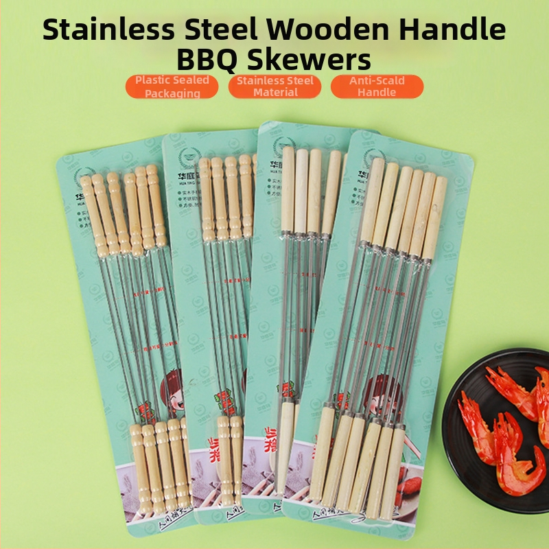 Nerezové špízy na gril s drevenou rukoväťou pre jahňací kebab, opakovane použiteľné, balenie 100 kusov