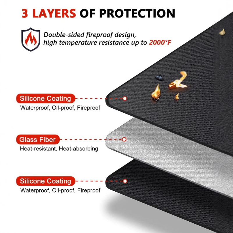 Covoraș pentru grătar, gril din silicon în 3 straturi, rotund și dreptunghiular, protecție ignifugă pentru podea de terasă