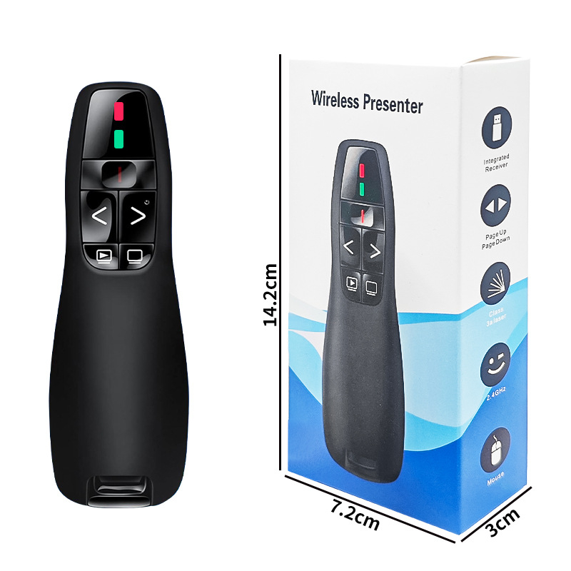 2.4G oldalváltó toll lézerpointerrel PPT előadásokhoz, oktatáshoz és beszédekhez — Tencenta Márka, lézer távolság 50 m, hullámhossz 5 nm, AAA elem