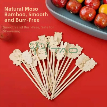 Bambusové špízy s karikatúrnym vzorom – mini jednorazové, vzor zvieracieho žakáru, na ovocie a grilovanie, tlač loga k dispozícii