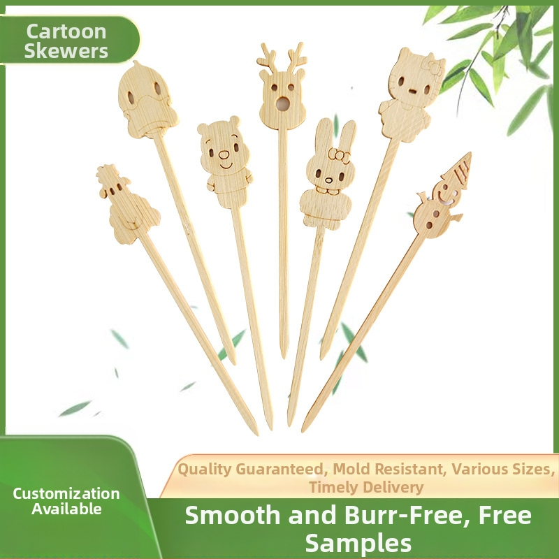 Bambusové špízy s karikatúrnym vzorom – mini jednorazové, vzor zvieracieho žakáru, na ovocie a grilovanie, tlač loga k dispozícii
