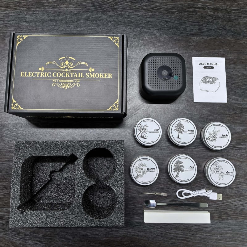 Qt електрически димогенератор за уиски и коктейли – бар комплект, 6 части, пластмасова конструкция, премиум качество, стартира през 2025.3