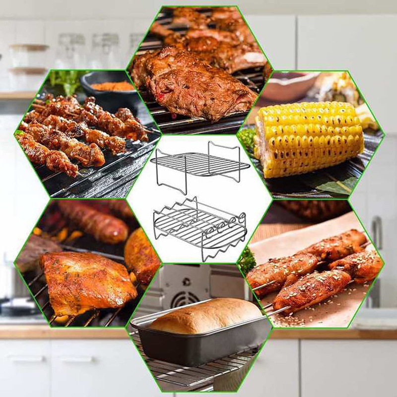 Set dodatne opreme za kućni roštilj za zraku-frit; nehrđajući čelik; četvrtastog oblika; uključuje roštilj, parni stalak, parni stalak s roštiljem (uključujući iglu) i iglu