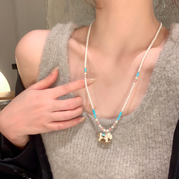 Náhrdelnik s umjetnim perlama, privjesak zodijaka konja od bakra, lanac u stilu džempera, ručno izrađeno.