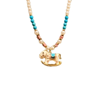 Náhrdelnik s umjetnim perlama, privjesak zodijaka konja od bakra, lanac u stilu džempera, ručno izrađeno.