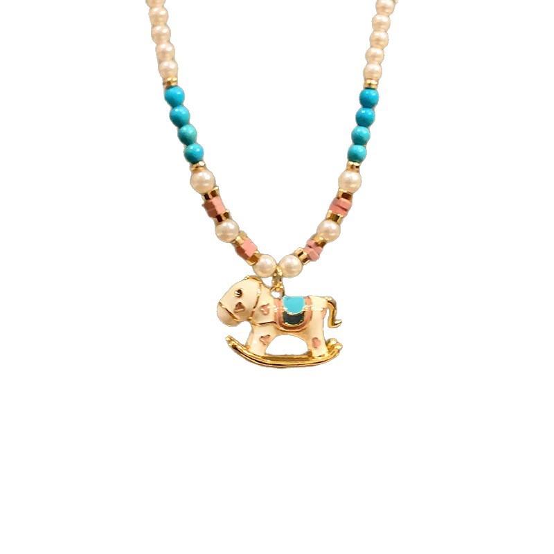 Náhrdelnik s umjetnim perlama, privjesak zodijaka konja od bakra, lanac u stilu džempera, ručno izrađeno.