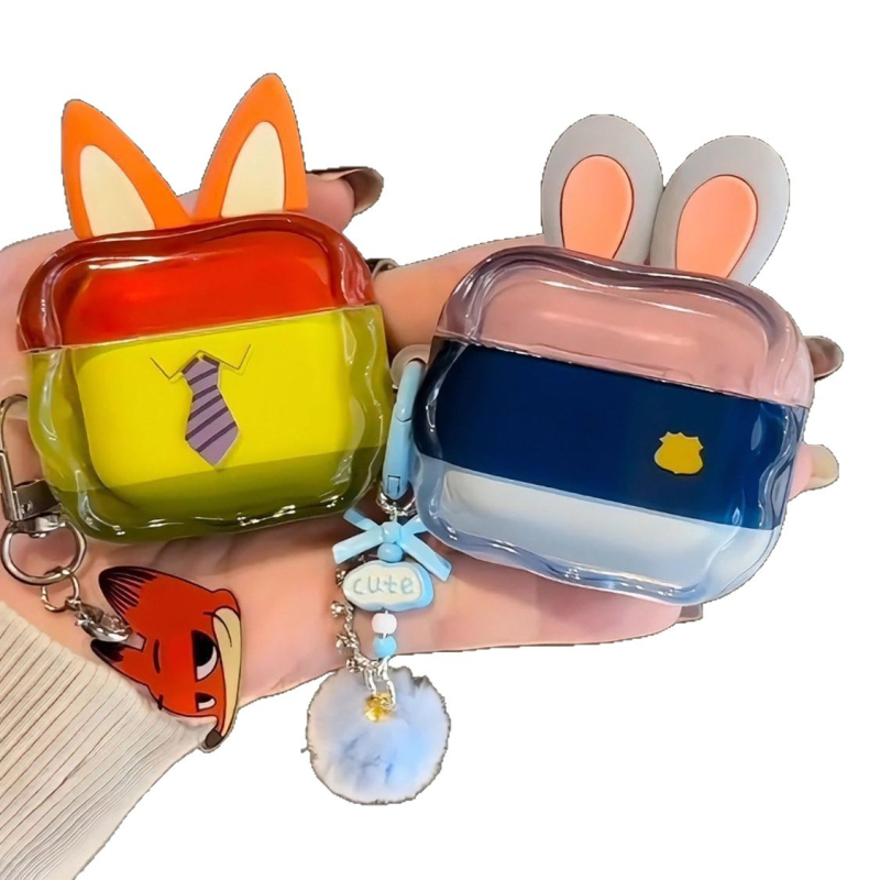 Θήκη AirPods από TPU για 3/4 και Pro 2/3 με ζωικό μοτίβο (λαγουδάκι και αλεπού) — καπάκι flip, ημιδιαφανής, πλήρης κάλυψη, φινίρισμα με σπρέι