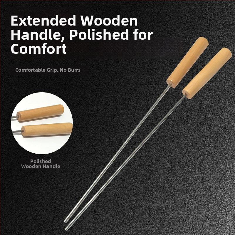 201 неръждаема стомана регулаторен инструмент за шишчета с удължена дървена дръжка за агнешки шишчета и домашно барбекю