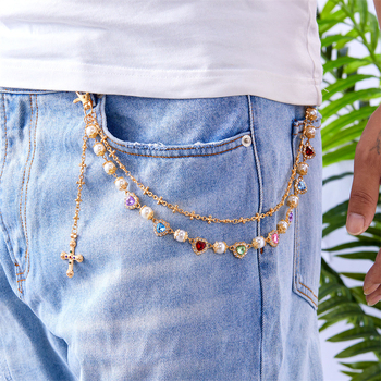 Pojasni lanac za hlače, metal, casual stil, unisex, ukrasi: križ, srce i cvijet, imitacija perli