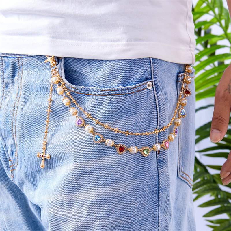 Pojasni lanac za hlače, metal, casual stil, unisex, ukrasi: križ, srce i cvijet, imitacija perli