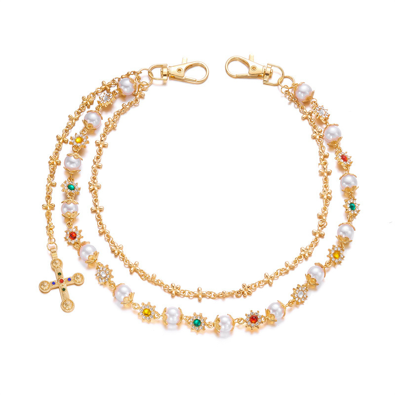 Pojasni lanac za hlače, metal, casual stil, unisex, ukrasi: križ, srce i cvijet, imitacija perli