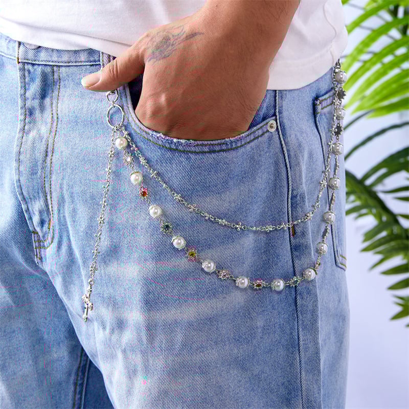 Pojasni lanac za hlače, metal, casual stil, unisex, ukrasi: križ, srce i cvijet, imitacija perli
