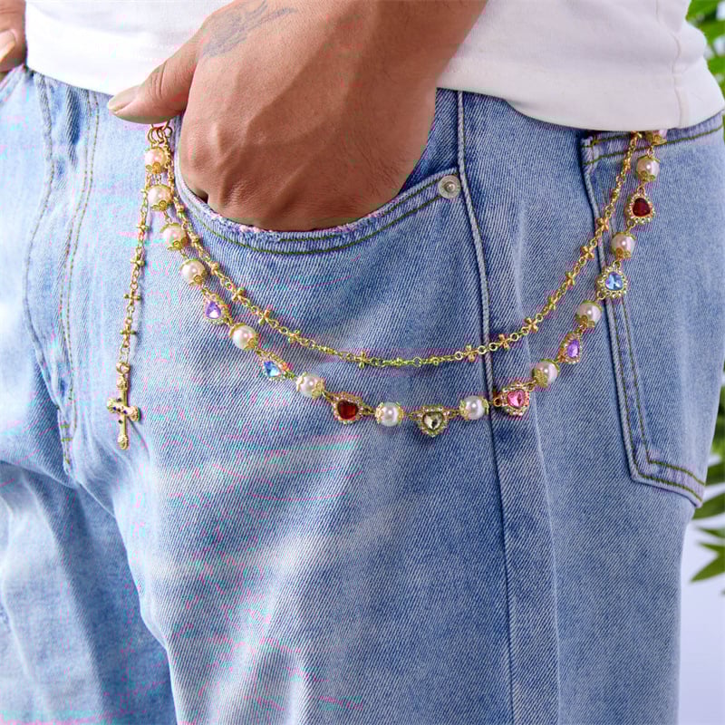 Pojasni lanac za hlače, metal, casual stil, unisex, ukrasi: križ, srce i cvijet, imitacija perli