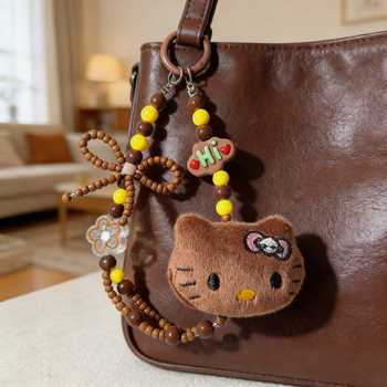 Lanac za telefon — slatka pahuljasta KT mačka s leptir uzlom i perlicama, akril, ručna izrada, kreativni stil, dekorativna funkcija