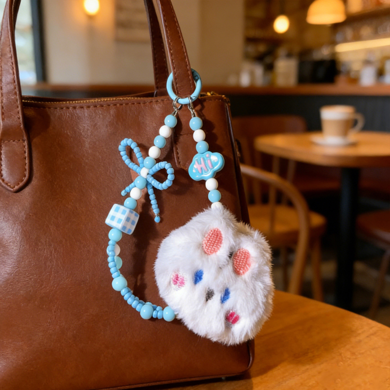 Lanac za telefon — slatka pahuljasta KT mačka s leptir uzlom i perlicama, akril, ručna izrada, kreativni stil, dekorativna funkcija