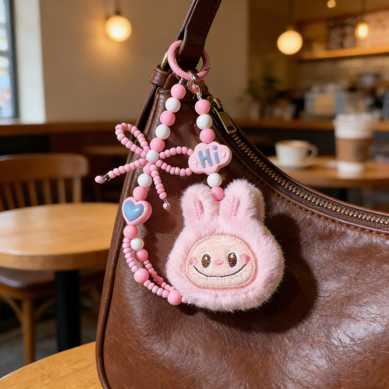 Lanac za telefon — slatka pahuljasta KT mačka s leptir uzlom i perlicama, akril, ručna izrada, kreativni stil, dekorativna funkcija