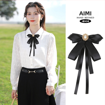 Košeľa s kvetom na golieri a mašličkou, kórejský štýl, unisex, monochromatický vzor, farbená na priadzi