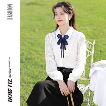 Πουκάμισο με άνθος για το γιακά και φιόγκο, κορεατικό στυλ, unisex, μονόχρωμο σχέδιο, βαμμένο με νήματα