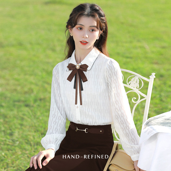 Πουκάμισο με άνθος για το γιακά και φιόγκο, κορεατικό στυλ, unisex, μονόχρωμο σχέδιο, βαμμένο με νήματα